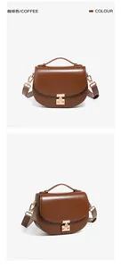 Close-up of coffee brown leather crescent bag with elegant gold T-shaped metal buckle