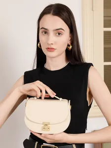 Minimalist cream white genuine leather crescent shoulder bag with gold metal buckle