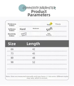 Size chart showing thickness, elasticity, and measurements for baby sleeveless romper