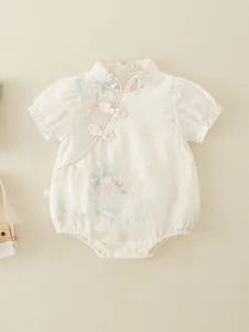 Infant Baby Girls Chinese Style Romper Floral Print Short Sleeve Jumpsuit Traditional Qipao Bodysuit For Summer Outfits