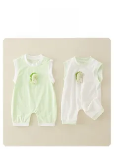 Close-up of baby sleeveless cotton rompers with cute 3D green dinosaur patches