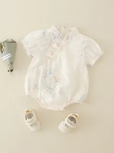 Vintage Chinese style floral newborn romper with standing collar and knot buttons