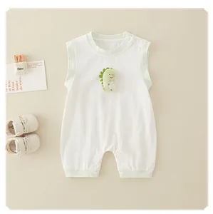 Detail of baby cotton sleeveless romper featuring 3D dinosaur patch and snap buttons