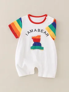 Baby-Einteiler aus weißer Baumwolle mit Regenbogenärmeln und Bären-Stickerei für Sommer