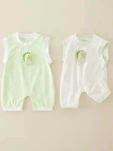 Summer Infant Sleeveless Cotton Romper Cute 3D Dinosaur Patch Newborn Jumpsuit Breathable Baby Boy Clothes Green White
