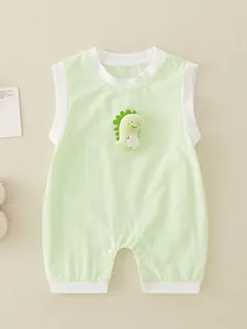Sleeveless baby cotton romper in light green with a 3D dinosaur patch and snap buttons