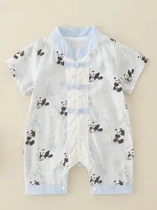 Infant Chinese Style Cotton Romper Panda Bamboo Print Short Sleeve Jumpsuit With Frog Buttons For Baby Boys Summer Clothing