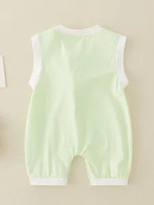 Sleeveless mint green cotton baby romper with white ribbed trims for summer comfort