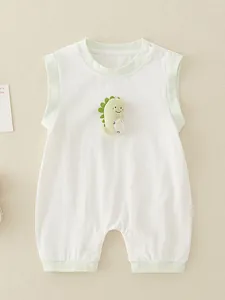 Summer sleeveless baby romper in white cotton with green 3D dinosaur decor and snaps