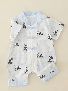 Short sleeve newborn panda print romper with Chinese knot buttons in light blue cotton