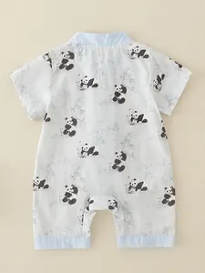 Newborn cotton romper with panda and bamboo print featuring classic chinese style knot