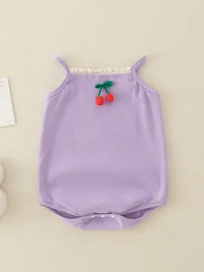 Summer sleeveless purple cotton baby romper with lace collar and cherry embroidery decoration