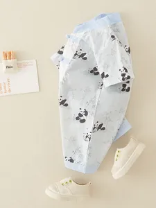 Short sleeve newborn cotton romper set with Chinese style panda print and knot buttons