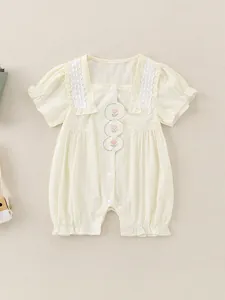 Baby Girl Summer Cotton Romper Sweet Floral Embroidery Short Sleeve Jumpsuit With Lace Trim Square Collar Snap Buttons