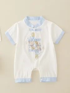 Baby Boy Traditional Chinese Style Romper Cotton Short Sleeve Jumpsuit Floral Embroidery Frog Button Newborn Summer Clothes