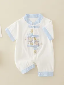 Short sleeve cotton newborn romper with Chinese knot buttons and flower embroidery