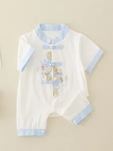 Short sleeve cotton newborn baby boy romper with traditional Chinese embroidery