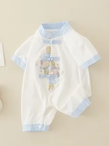 Newborn baby boy cotton romper with Chinese style embroidery and blue knot buttons