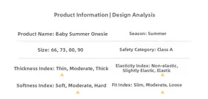 Size chart and fabric details for baby summer romper showing A-level safety and fit