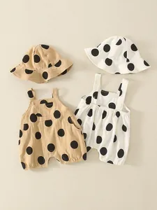 Baby Summer Cotton Blend Polka Dot Romper And Hat Newborn Sleeveless Strap Bodysuit Infant Sun Hat One Piece Jumpsuit