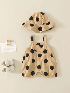 Baby cotton sleeveless romper and sun hat set with black polka dot pattern in khaki