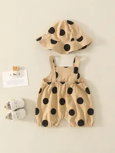 Baby sleeveless romper and hat set in khaki with black polka dots, cotton linen style