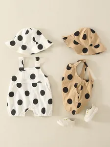 Baby cotton polka dot rompers with matching sun hats in white and khaki colors