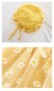 Detailed macro view of yellow sun hat featuring white daisy prints and delicate mesh texture