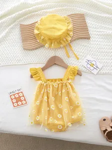 Infant girl daisy sleeveless romper and matching sun hat set in soft yellow cotton