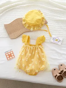 Yellow sunflower baby romper set with sleeveless ruffled bodysuit and matching sun hat