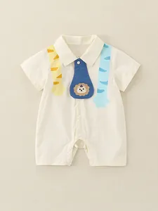 Pagliaccetto a Maniche Corte per Neonato in Puro Cotone Estivo Sottile Leone Cartone Animato Cravatta Revers Beige