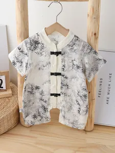 Chinesischer Stil Baby Strampler Traditioneller Tusch Bambusdruck Baumwollmischung Jumpsuit Froschknöpfe Kurzarm Sommer Neugeborenen Kleidung