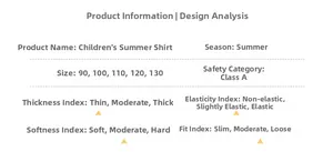 Detailed size chart and fabric specs for boys vertical striped summer cotton shirt