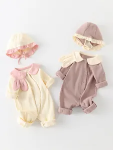 Infant Cotton Ribbed Romper And Matching Hat Rabbit Ear Peter Pan Collar Long Sleeve Snap Button Jumpsuit For Newborn Girls Boys
