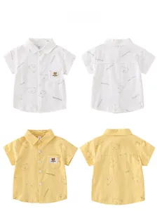 Front and back views of kids short sleeve cotton shirts in white and yellow colors