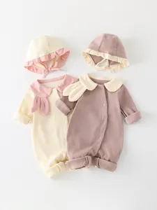 Baby cotton long sleeve rompers with ruffled collars and matching hats in pastel colors