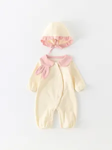 Baby girl spring cotton romper set with pink bunny ears collar and matching hat