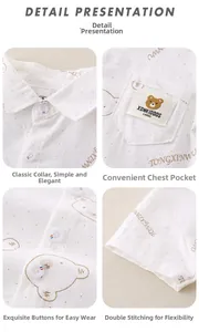 Detail view of cotton kids shirt with bear embroidery, pocket and classic collar