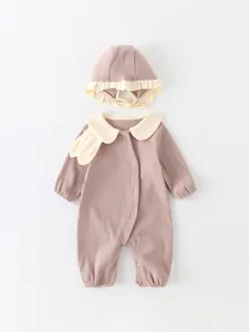 Baby girl cotton long sleeve romper set in pink with matching ruffled sun hat