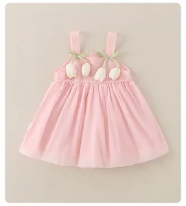 Detail of pink toddler dress with white 3D tulip flowers and pleated chiffon texture