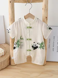 Baby-Strampler im chinesischen Stil mit Panda-Bambus-Druck Kurzarm Neugeborenen-Jumpsuit Sommer Dünn Atmungsaktiv Tang-Anzug