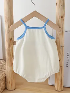 Minimalist cotton sleeveless baby bodysuit in cream and light blue hanging on a hanger