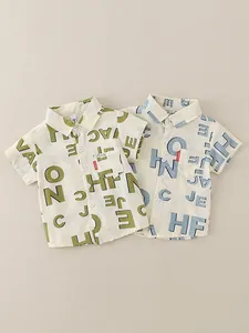 Kinder Kurzarm Baumwollhemd Sommer Koreanischer Stil Gekämmte Baumwolle Frisch Buchstaben Druck Revers Lässig Top Für Jungen Mädchen