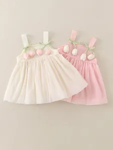 Sweet toddler girls sleeveless summer dress set with 3D tulip floral appliques