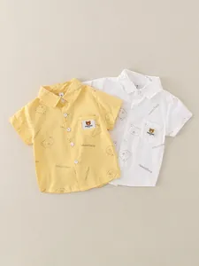 Kids short sleeve cotton shirts featuring cartoon bear prints and classic button-down collar