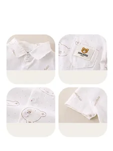 Kids white short sleeve polo shirt with cute light brown bear prints and pocket