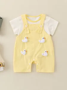 Completo da Bambina in Cotone a Maniche Corte Con Salopette a Pantaloncino Decorata Con Anatroccolo per l'Estate Abbigliamento Casual