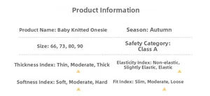 Detailed size chart and material specs for Class A infant cotton knitted romper