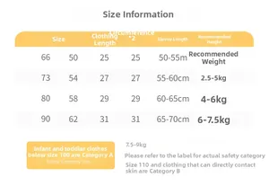 Detailed size chart for infant knit rompers with height and weight measurements