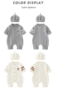 Color display of baby knitted rompers and berets in grey and off-white options